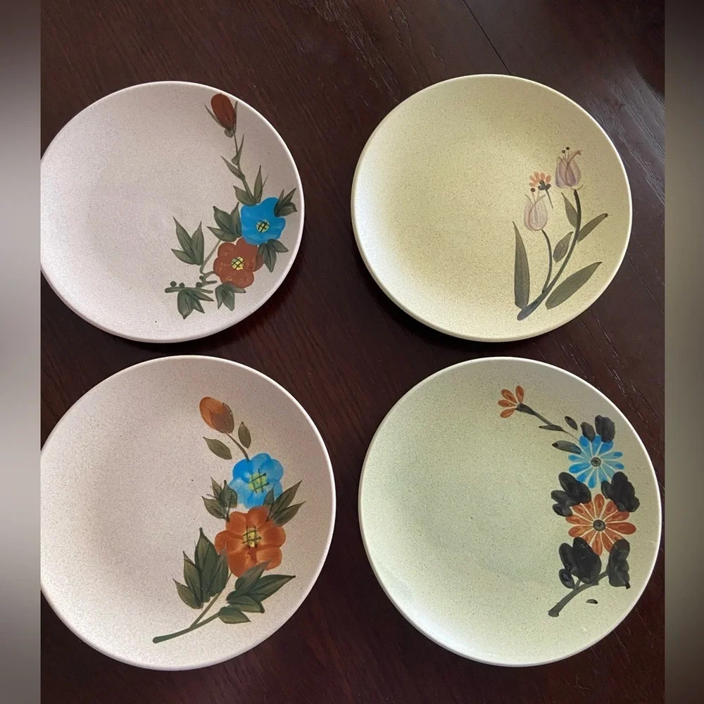 🖤 Franciscan Earthenware Floral 8” plates w Green 2 Tan Oatmeal California Set 4